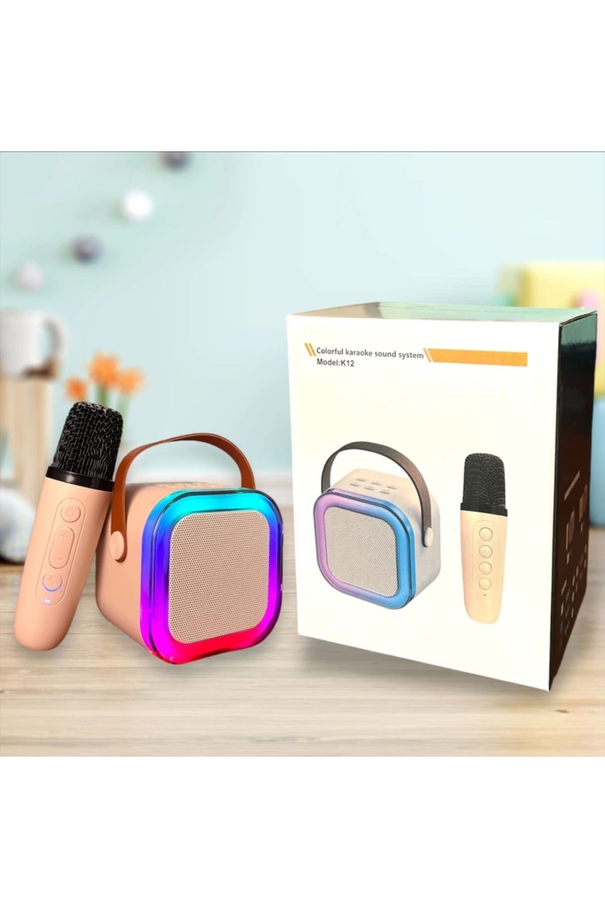 abnturk Işıklı Kablosuz Mikrofonlu Taşınabilir Bluetooth Hoparlör