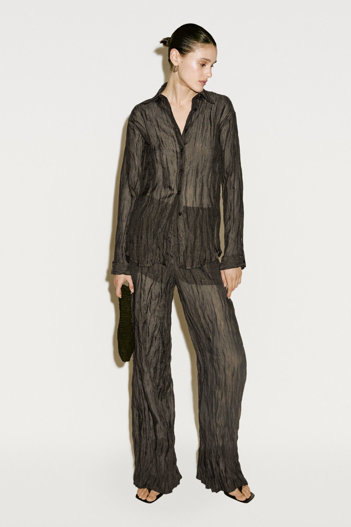 Massimo Dutti Buruşuk görünümlü uzun gömlek - Limited Edition