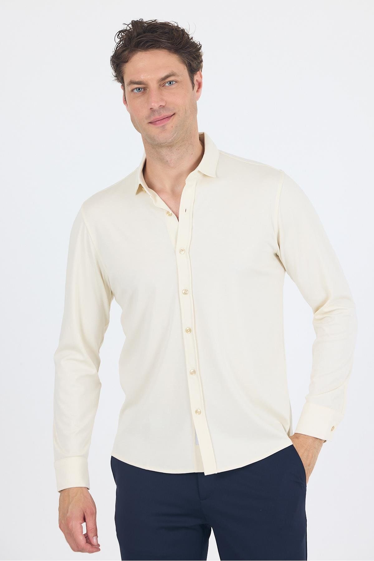 İmza Açık Krem Uzun Kol Düz Örme Polo Yaka Cepsiz Esnek Classic Slim Fit Gömlek 1004250153_650