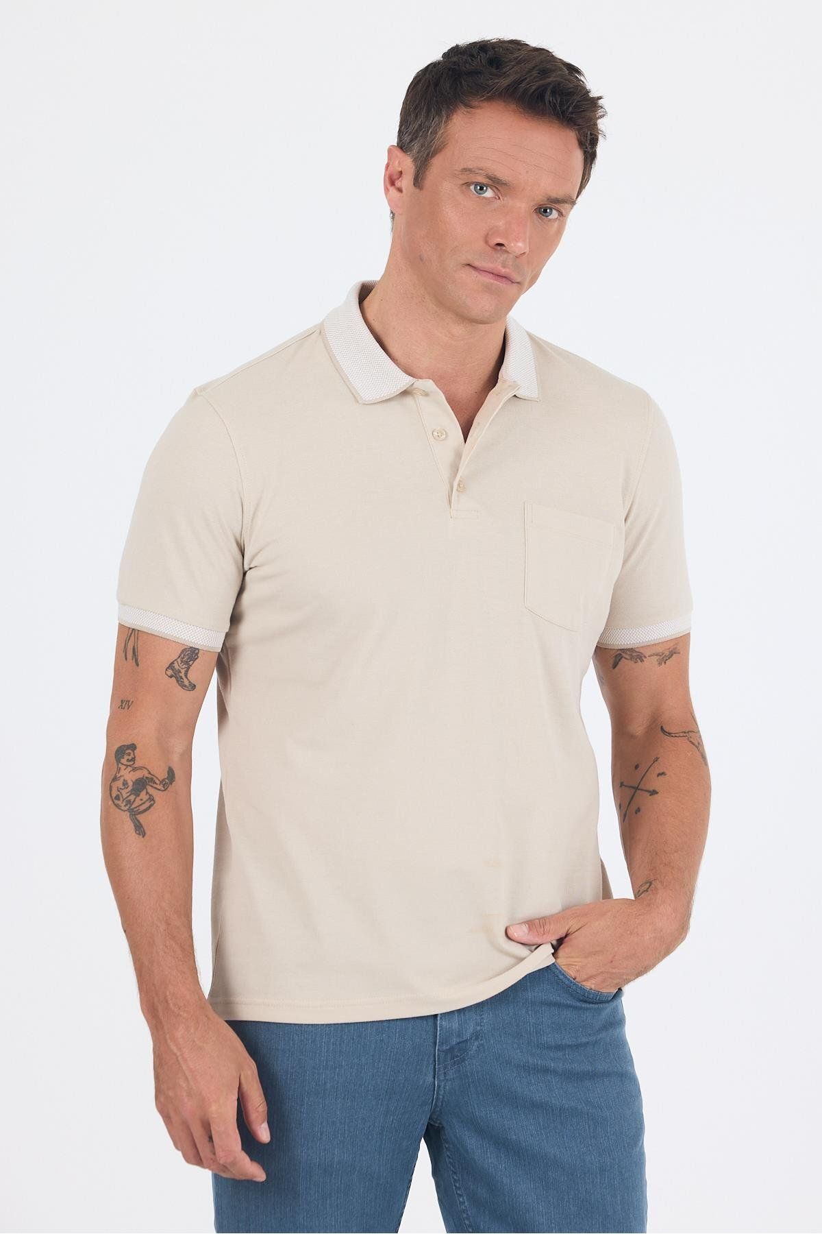 İmza Bej Polo Yaka Kısa Kol Cepli Comfort Fit :%100 Pamuk Tişört 1011250181