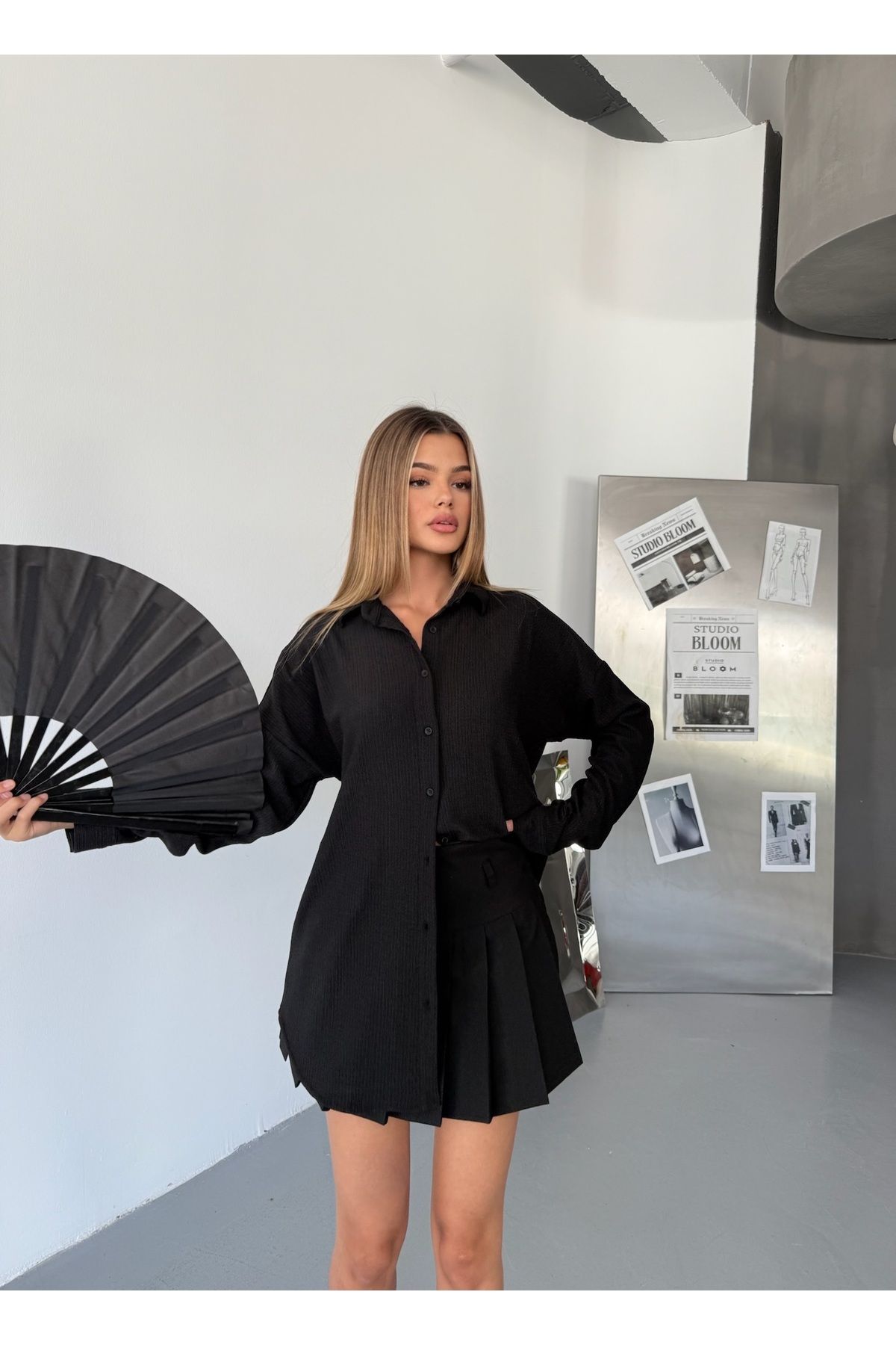 COMBİNE MİCHAİL-Γυναικείο μαύρο λινό πουκάμισο Ayrobin με τσέπη 2