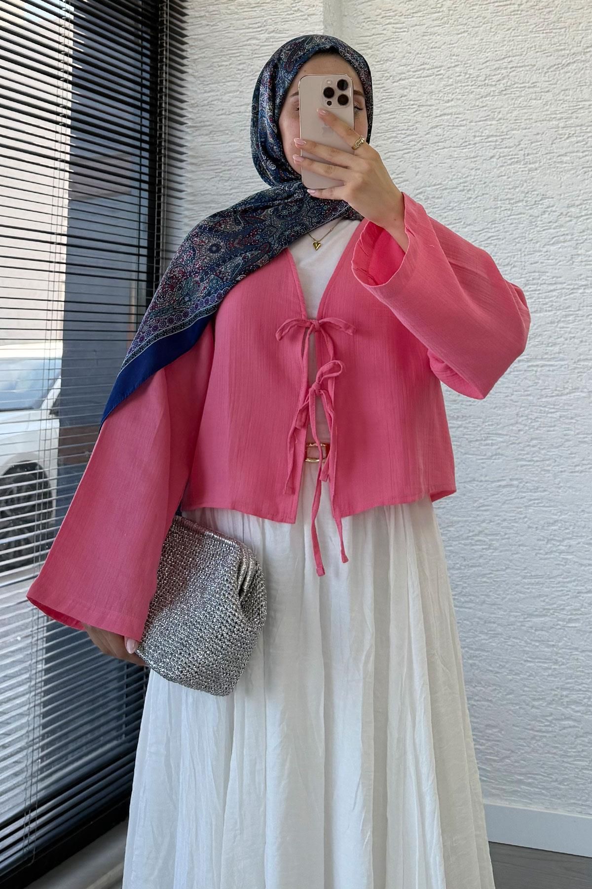 MELEK ARAZ Önden Bağlamalı Kısa Müslin Kimono - Pembe