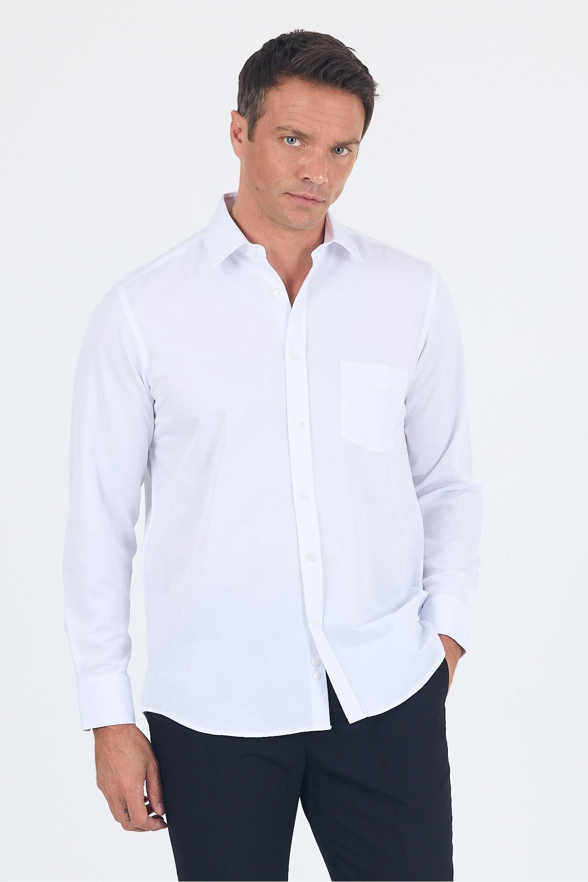 İmza Uzun Kol Kareli Desen Armürlü Sert Yaka cepli Pamuklu Classic Comfort Fit Gömlek 1004250186