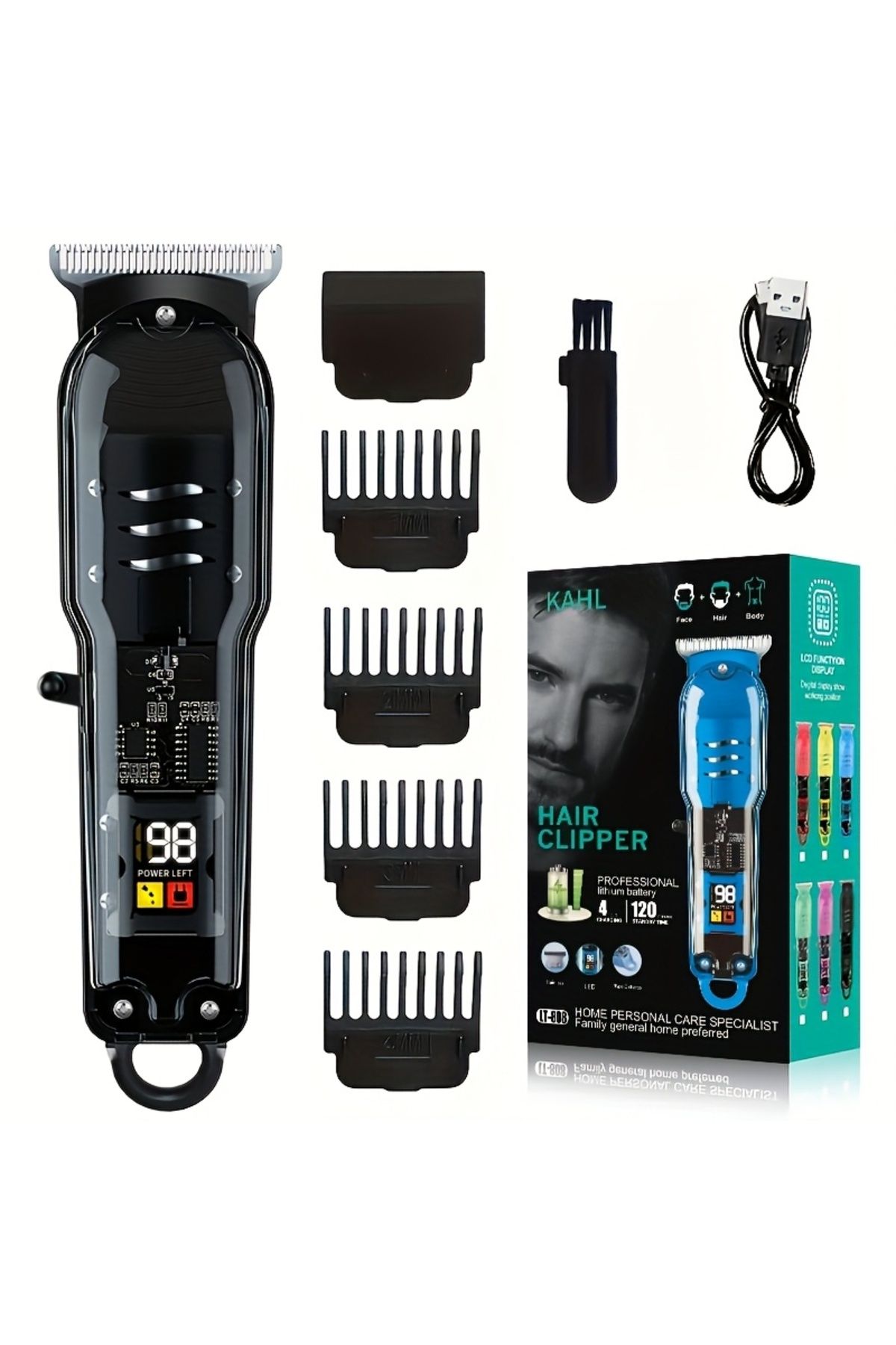indirimvar USB Şarj edilebilir Saç Sakal Traş Makinesi LCD Ekranlı / New Generation / Renk Siyah Full set