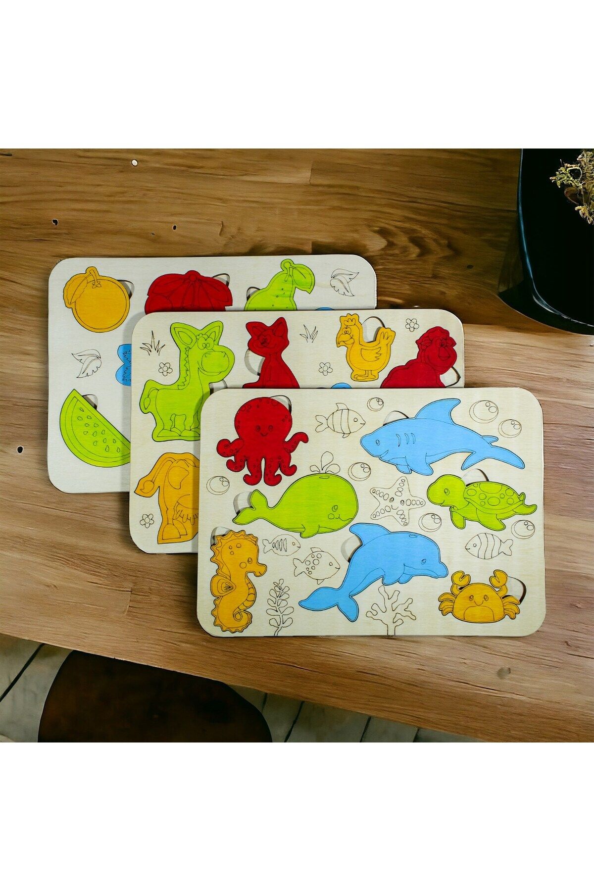 teknotrust Ahşap 3'lü Eğitici Puzzle Seti Çocuk Oyuncağı Hayvan Meyve Deniz