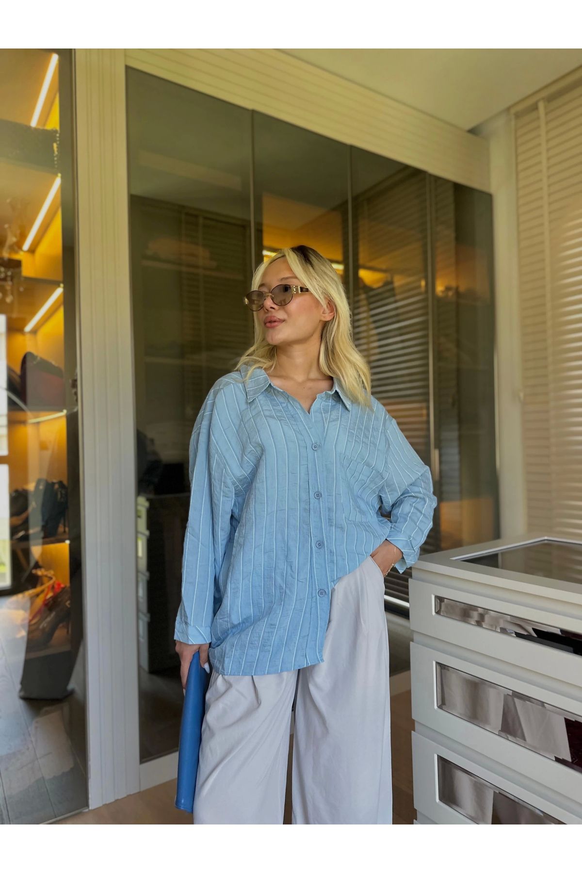 ky butikkk Kadın Oversize Gömlek İndigo