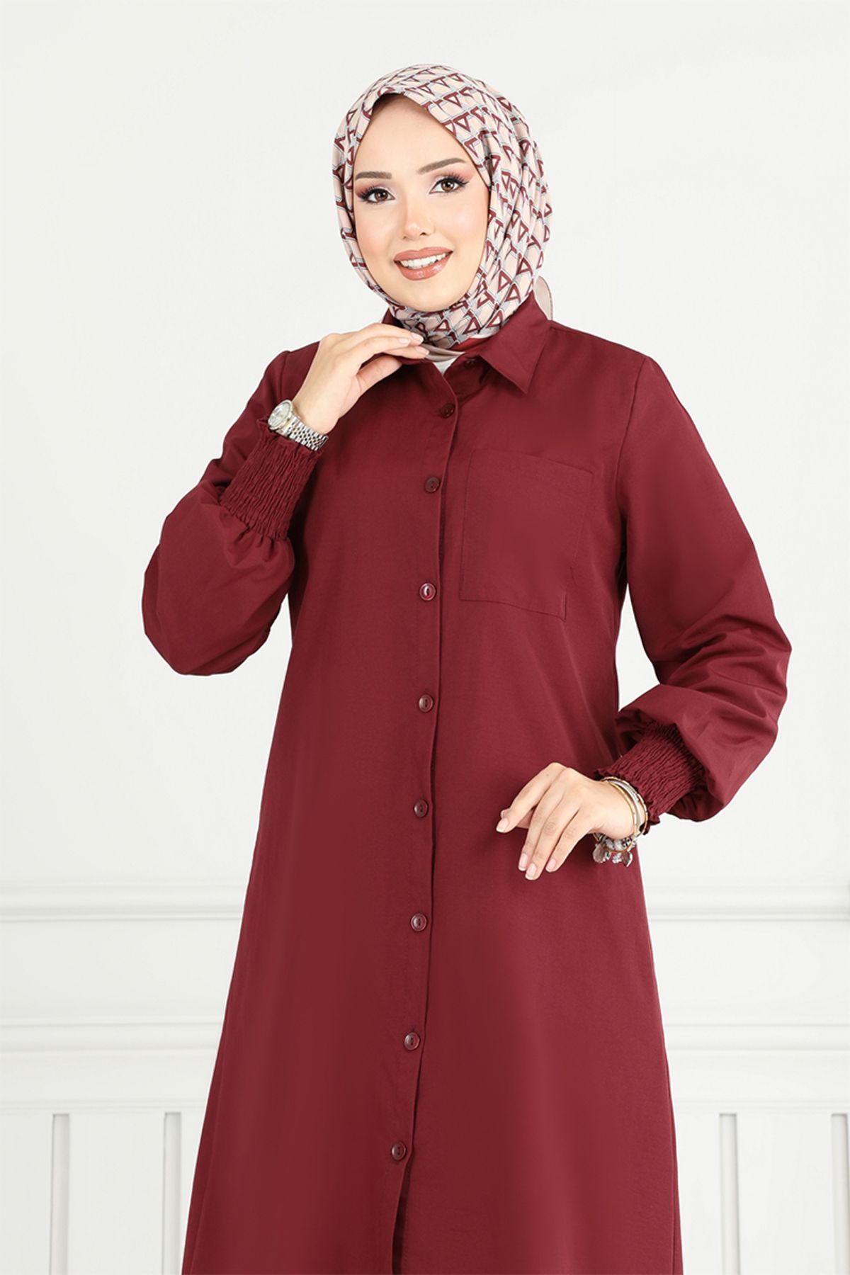 ModaMerve-Front Button Hijab Tunic 282Asn936-M Claret Red 4