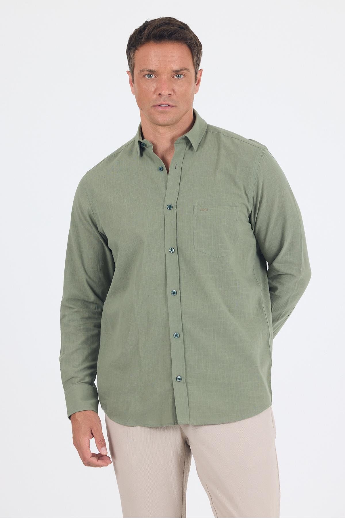 İmza Koyu Haki Uzun Kol Düz Armür Oval Yaka Casual Comfort Fit Gömlek 1004250249