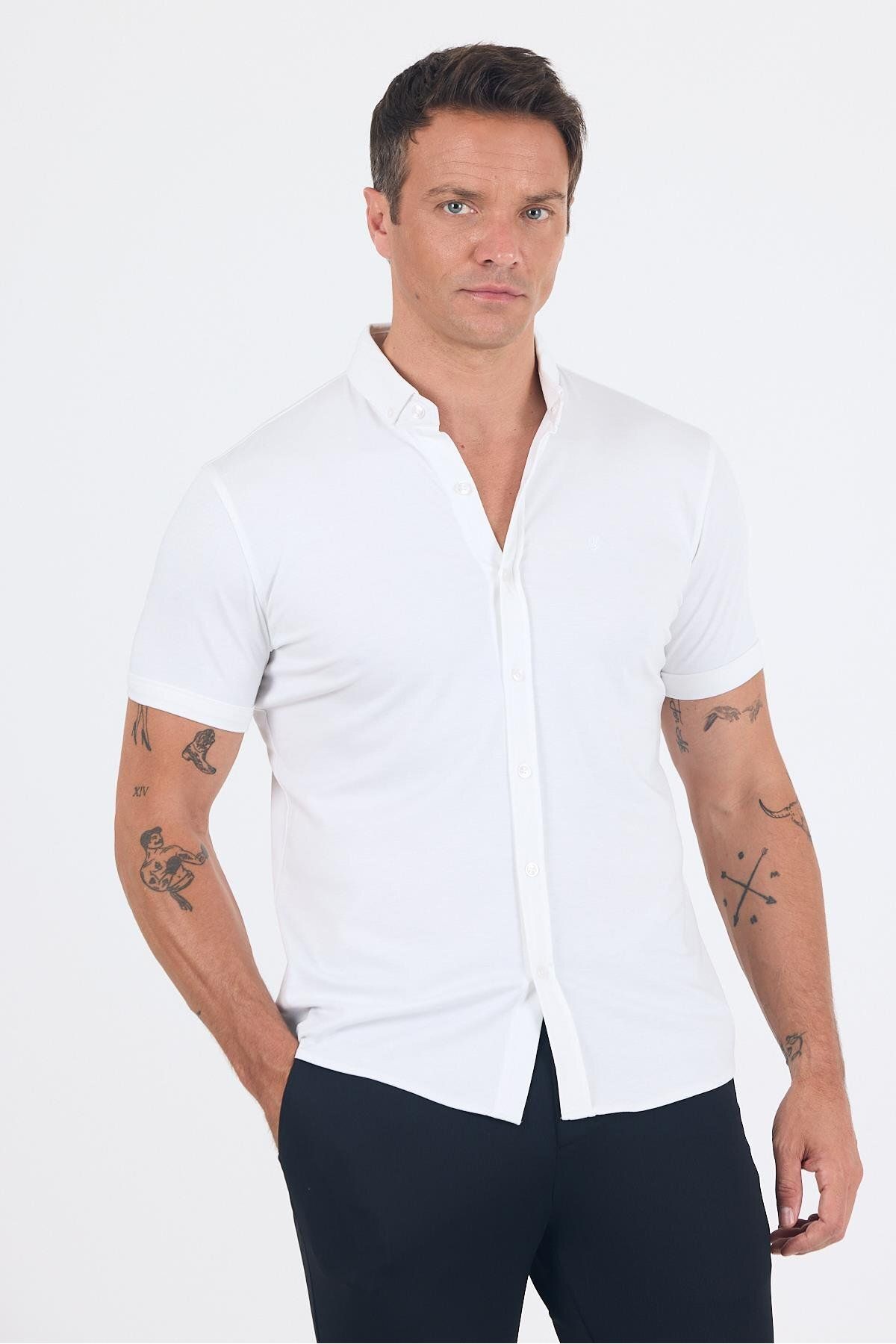 İmza Beyaz italyan Düğmeli Yaka Kısa Kol Cepsiz Slim Fit Gömlek 1004250255