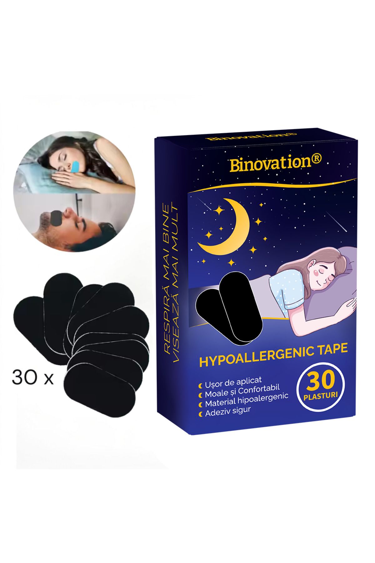 Binovation-Set of 30 Binovation® Anti-Snoring Patch Strips, Hypoallergenic Material, Moisture Resistant 1