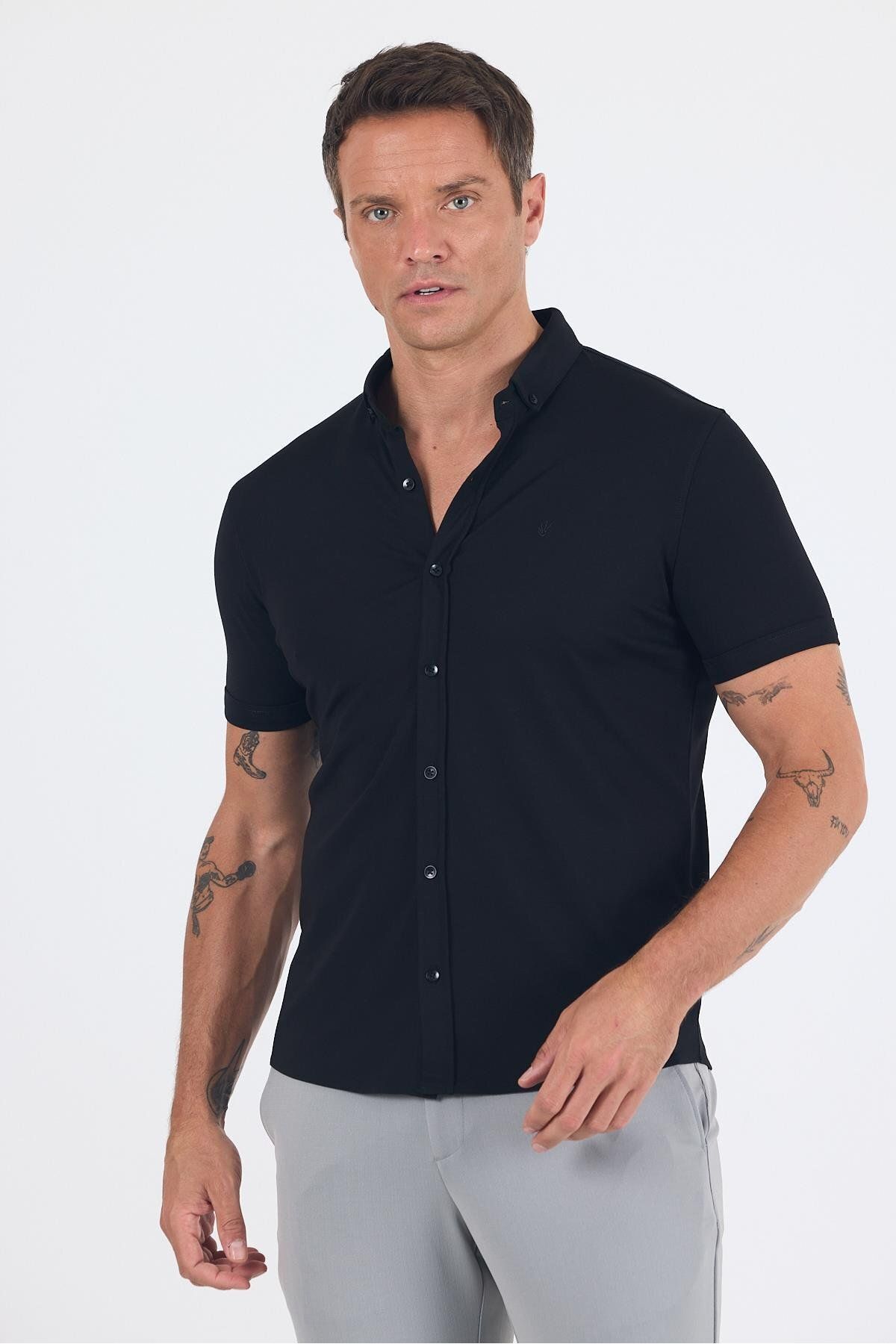 İmza Siyah italyan Düğmeli Yaka Kısa Kol Cepsiz Slim Fit Gömlek 1004250255