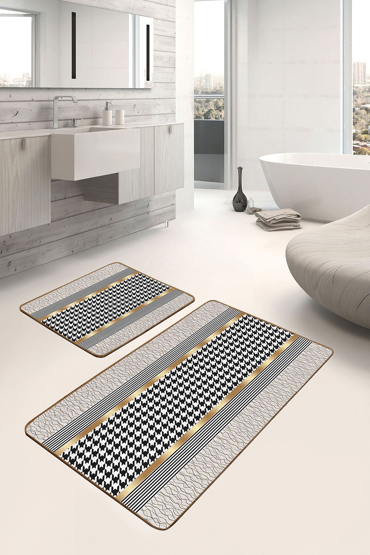 Realhomes Gold - Siyah Zeminde Geometrik Motifli Kazayağı Geometrik Klasik 2'li Banyo & Mutfak Paspas Takımı