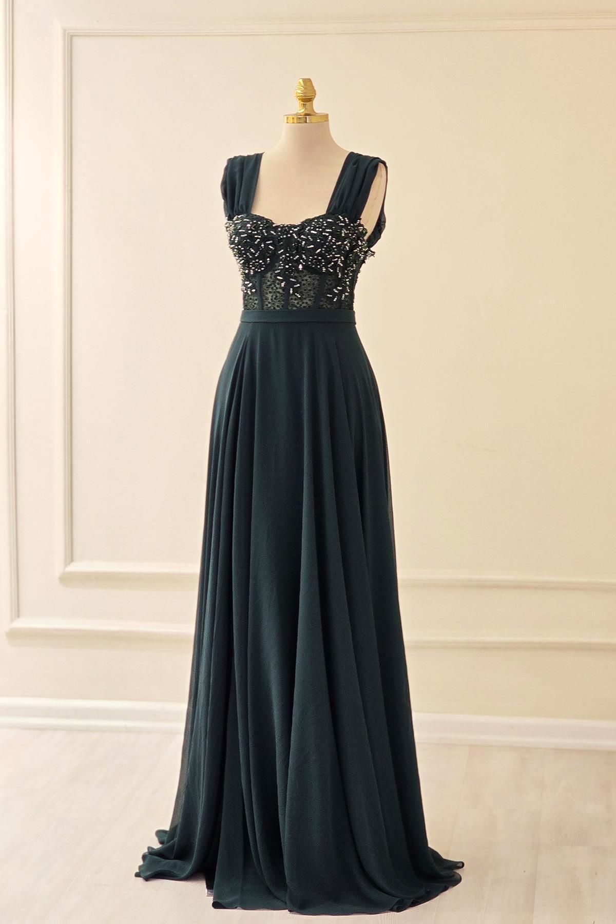Yonca Moda Evi Zümrüt İşlemeli Şifon Abiye 19014