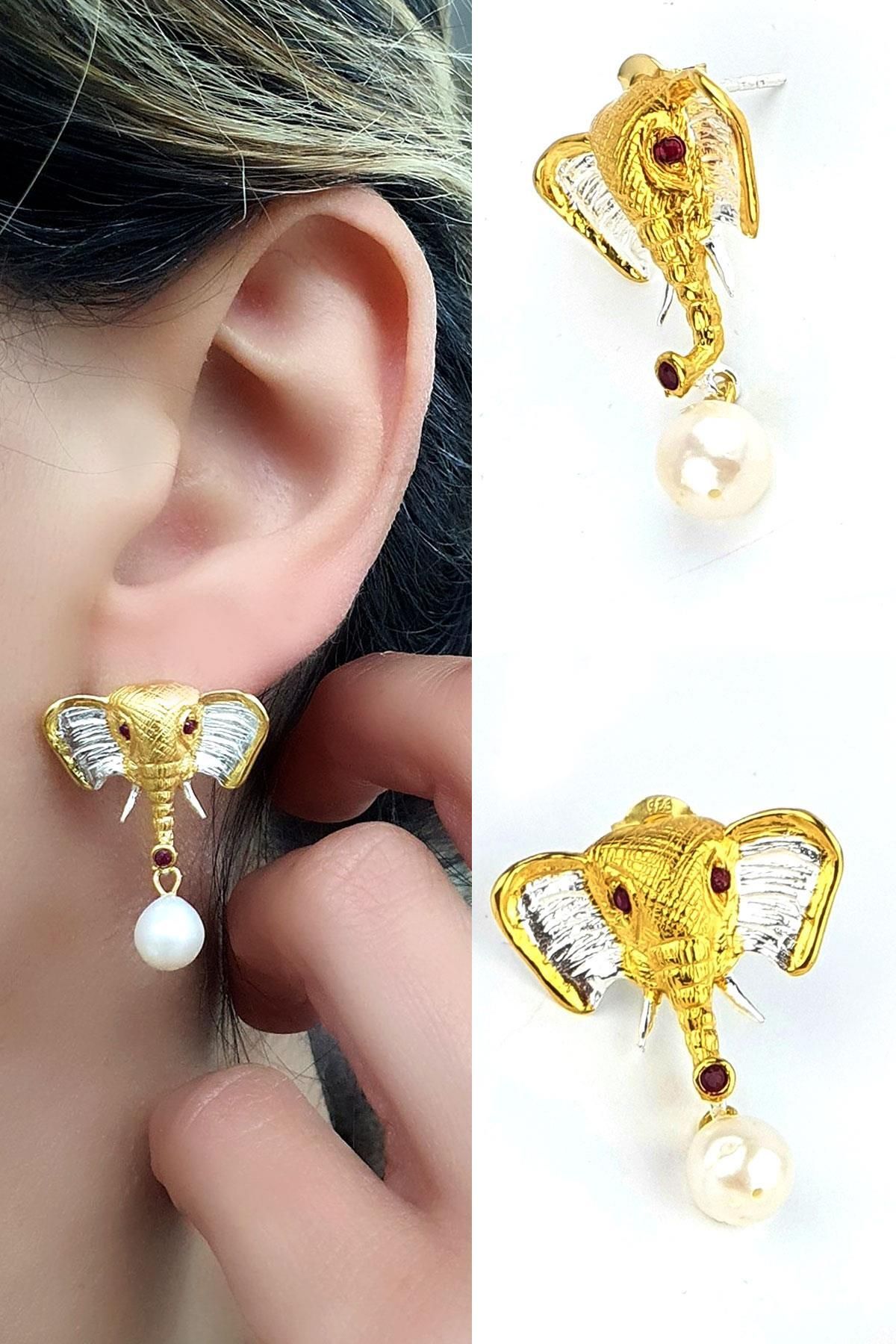 OSESHOP OSEAN MYSTIQUE Barok inci ve yakut taşlı 925ayar gümüş Üzerine altın kaplama Tasarım Fil Küpe