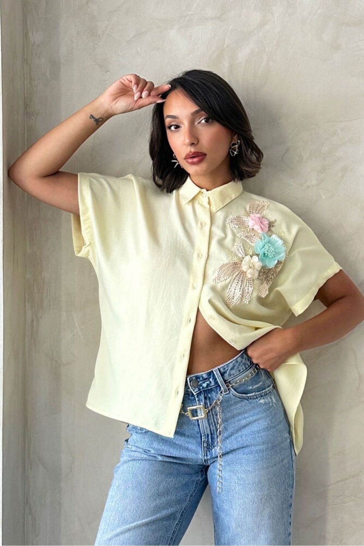 studio fashion 1988 Sarı Çiçek Detaylı %100 Keten Gömlek