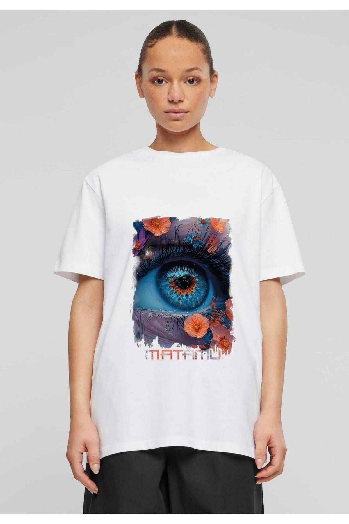 ELNOYA Unisex Pamuklu Beyaz Oversize "Matamu Göz" Baskılı Bisiklet Yaka Rahat T-shirt