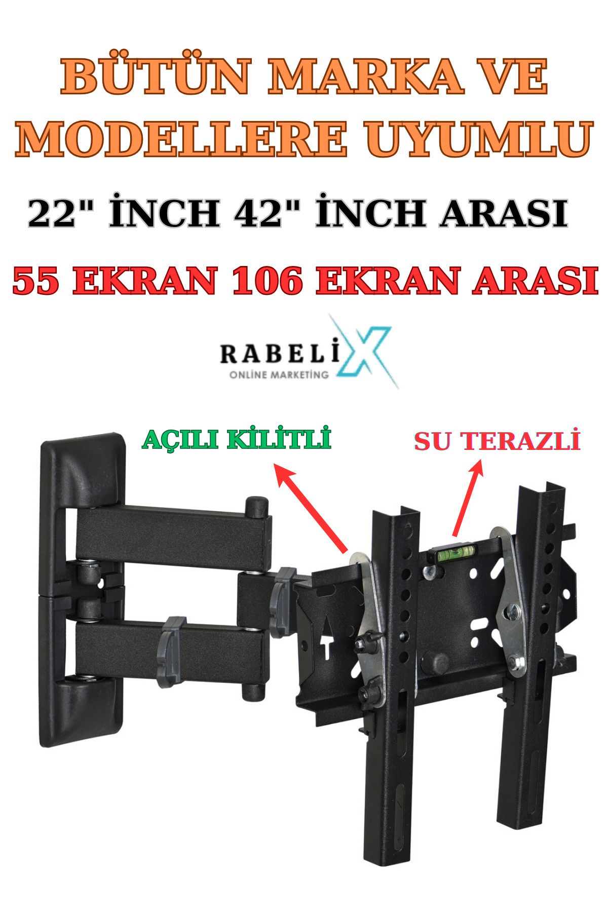 Rabelix Online Marketing Bütün Marka ve Modellere Uyumlu 22"-42" İnch Arası uyumlu Açılı Tv,Monitör Askı Aparatı