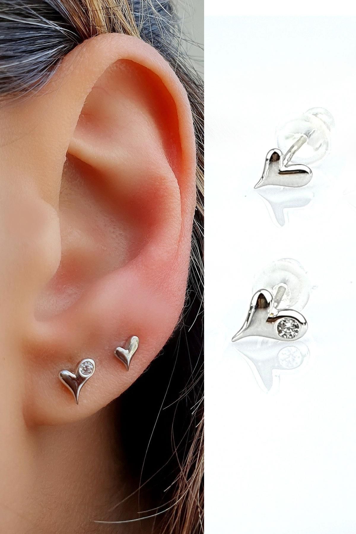OSESHOP 925ayar Gümüş Kalpli 2 li tek küpe kombin