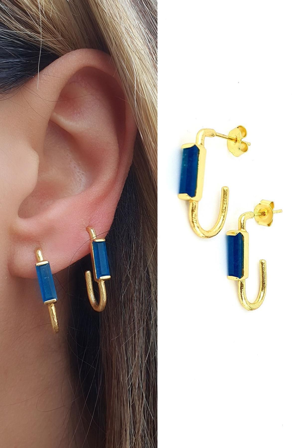 OSESHOP Mavi akik Taşlı 925ayar Gümüş Üzerine Altın Kaplama Tasarım Oval Halka Küpe