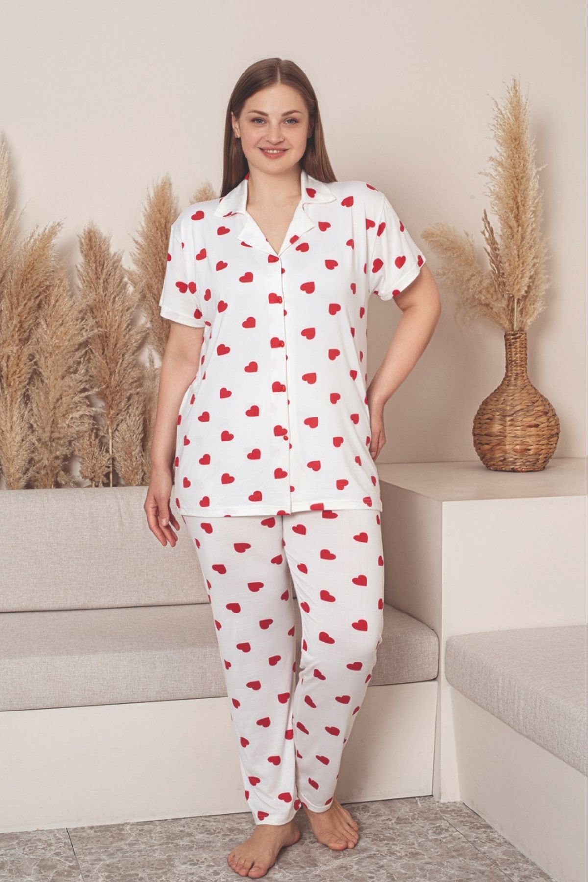 Farya Home Büyük Beden Milan Düğmeli Kalpli Likralı Gömlek Pijama Takımı