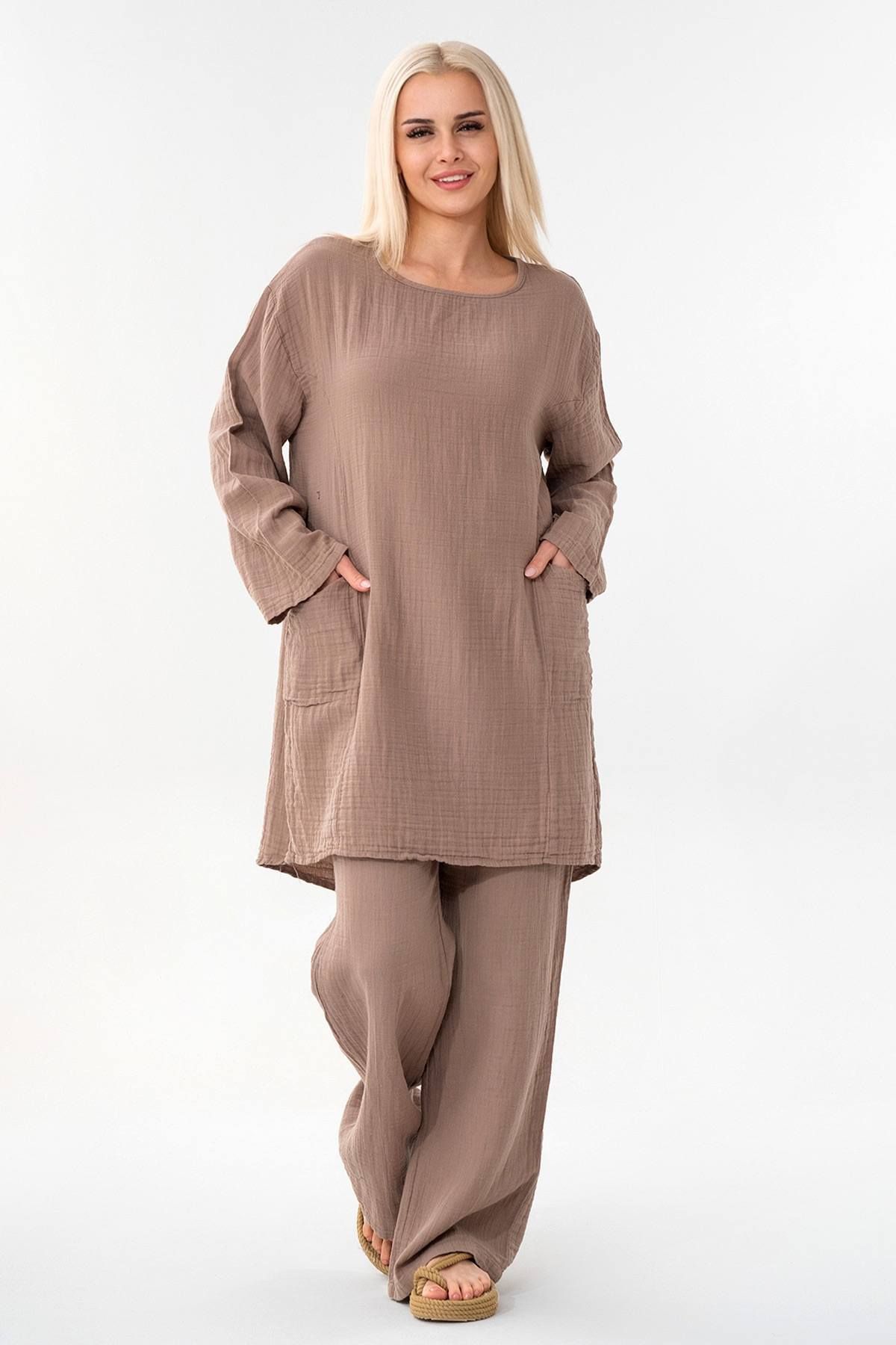 Fashion Showcase Müslin Tunik %100 Pamuk Cep Detay Salaş Müslin Elbise Tesettür Vizon