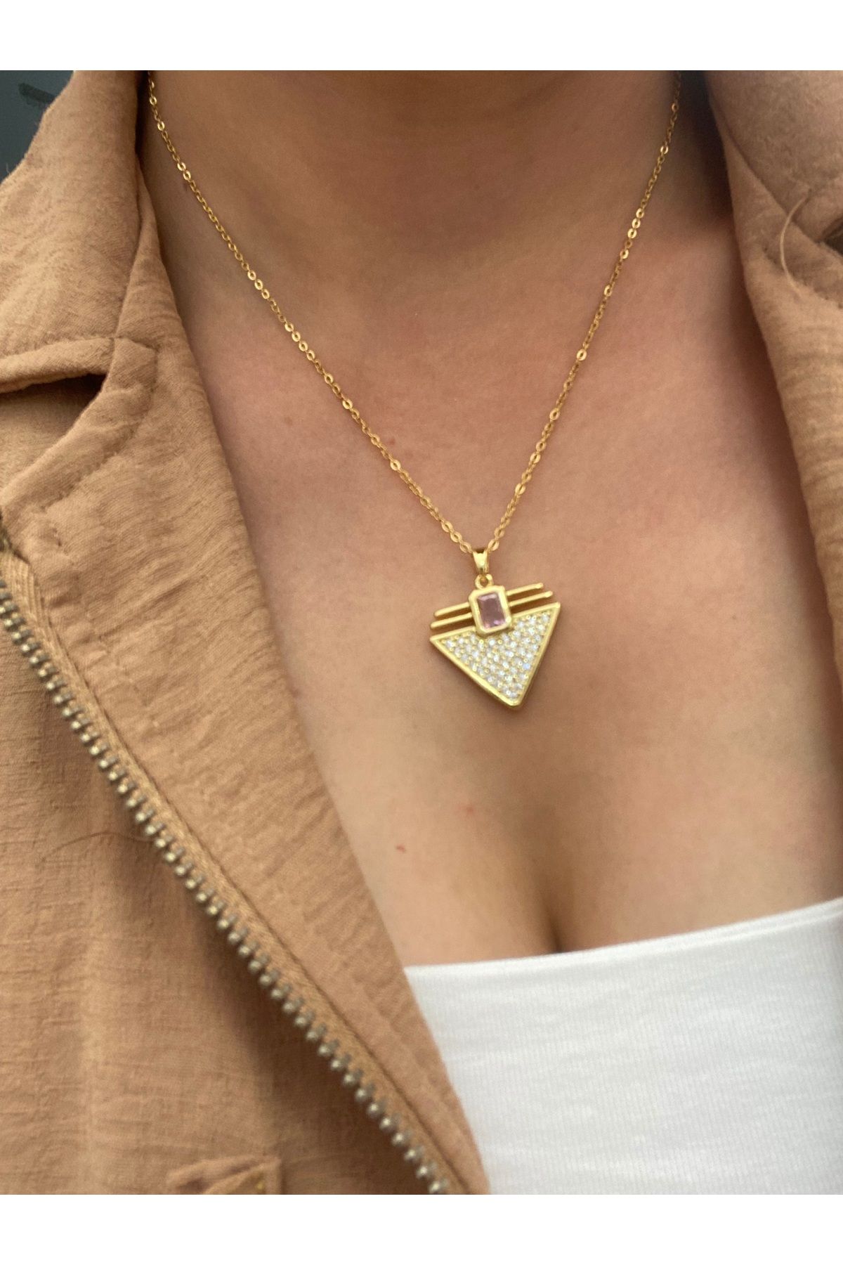 Byoz store Gold zincir asimetrik zirkon taş kare pembe taşlı çelik kolye