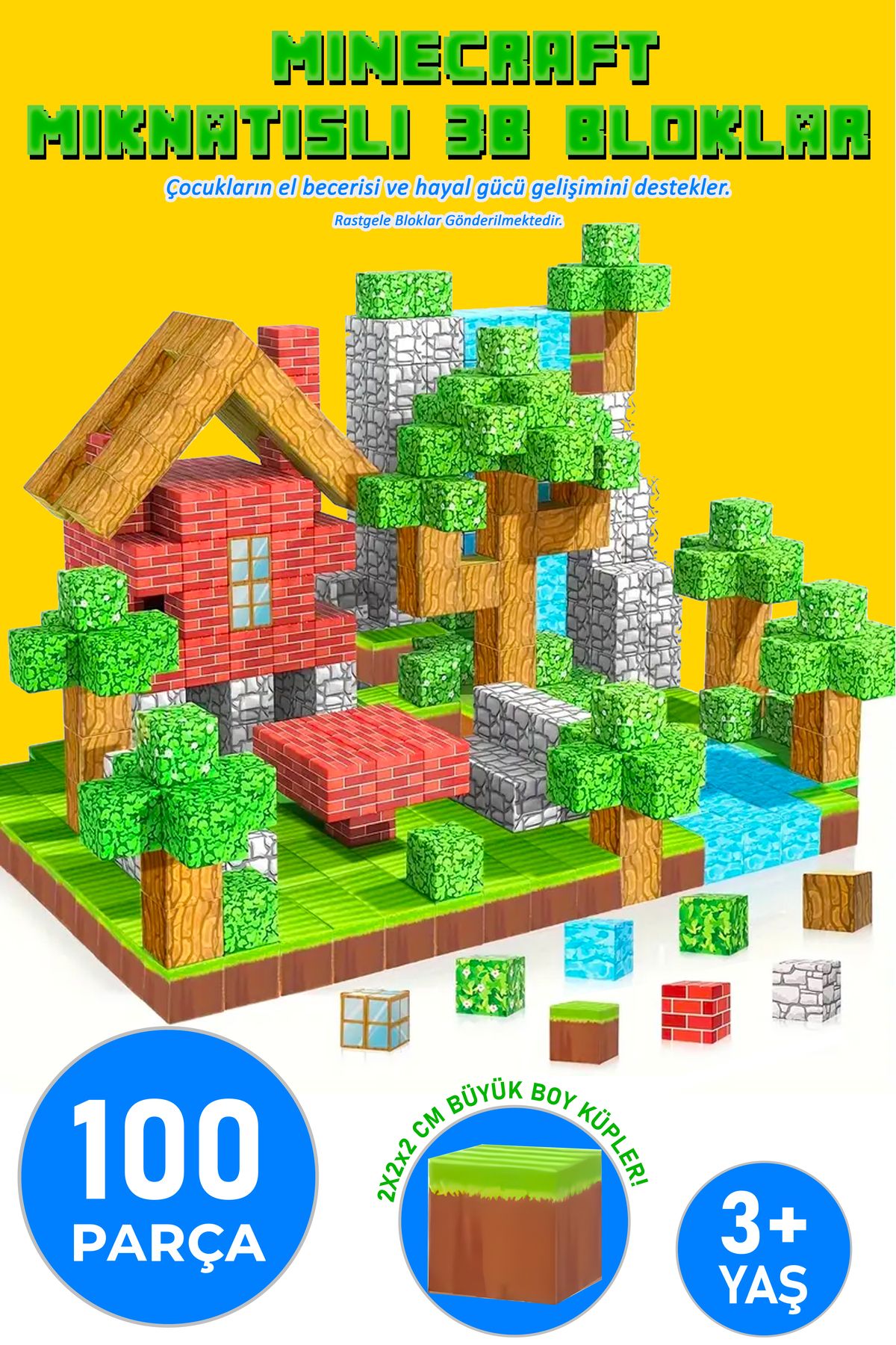 Ay&tel kids wear collections Minecraft Tarzı Manyetik Küpler - 100 Parça Zeka Geliştirici Blok Oyuncak 3+Yaş Eğitici Oyuncak Seti