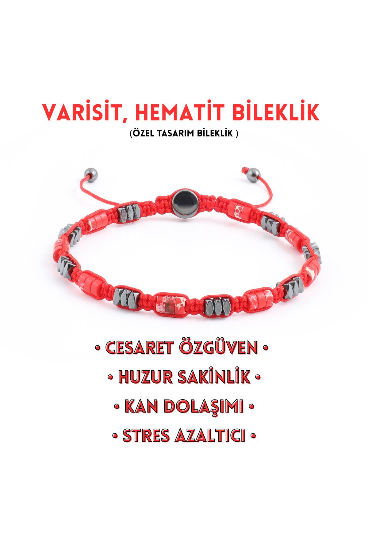 Sırlı Taş Varisit, Hematit Bileklik - Ovis Red Bileklik - Tasarım Bileklik 4mm Ayarlanabilir