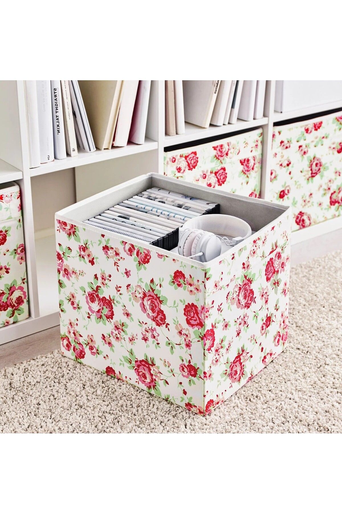 IKEA QUİCK Çiçek Desenli Saklama Kutusu 33x38x33 Cm İkea Kare Düzenleyici Kutu Beyaz Polyester Organizer