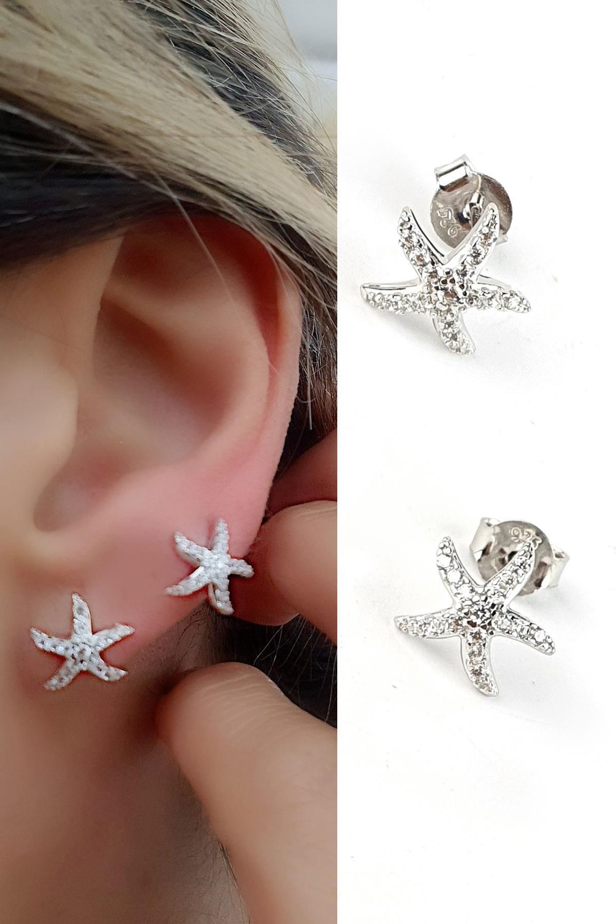 OSESHOP Pırlanta Parlaklığında Zirkon Taşlı 925ayar Gümüş Üzerine Altın Kaplama Deniz Yıldızı Küpe