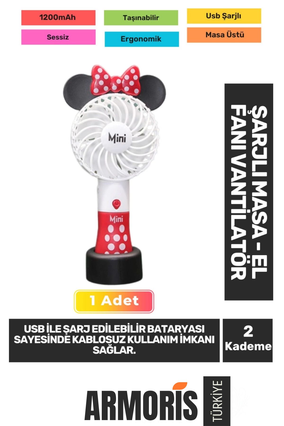Armoris Yeni Sessiz 2 Kademeli Kablosuz 1200mAh Pervaneli Taşınabilir Usb Şarjlı Masa El Fanı Vantilatör