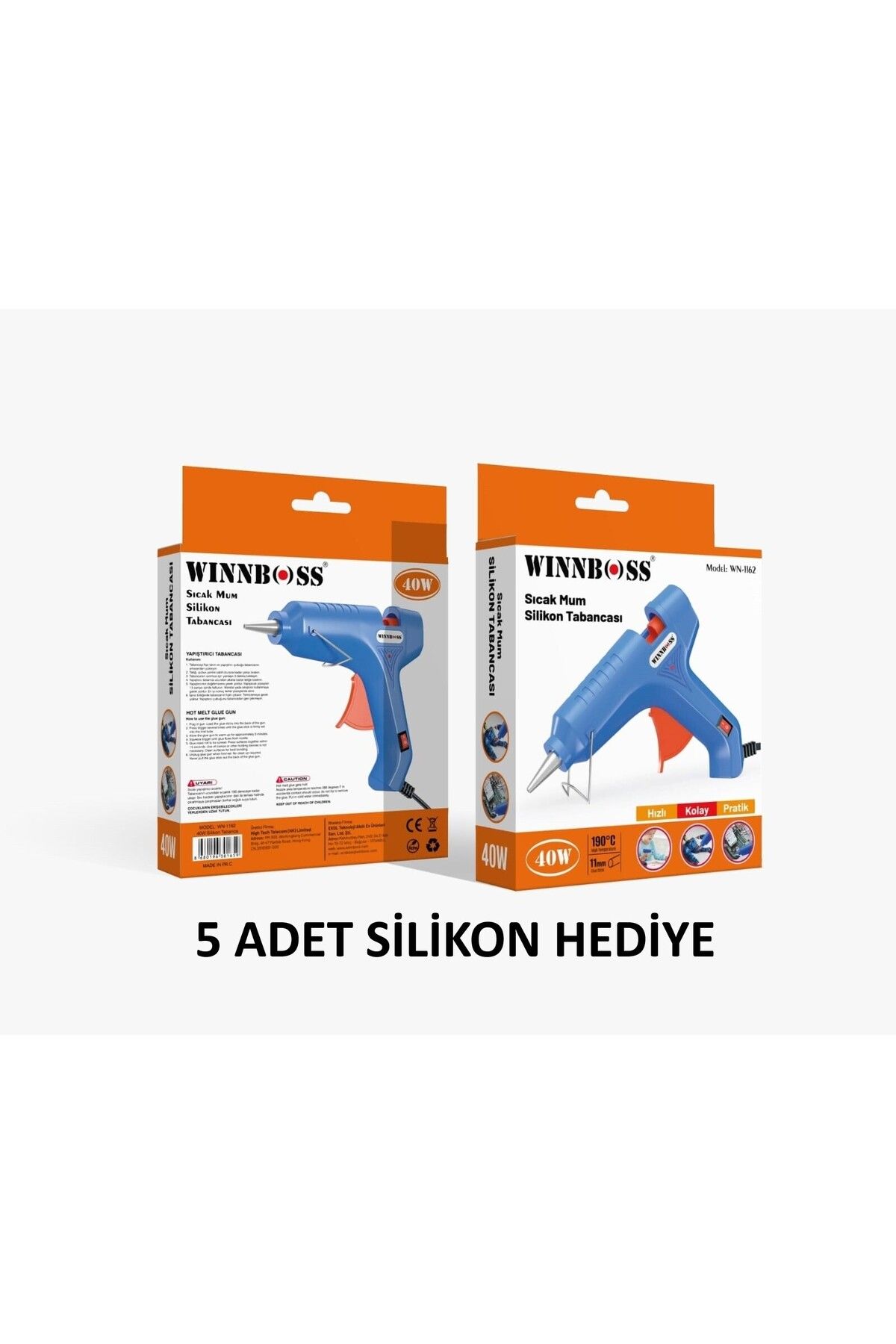 WINNBOSS Metal Uçlu-Düğmeli-40W-190C 11MM Çapında Kalın Sıcak Mum Silikon Tabancası+5 Silikon Hediye