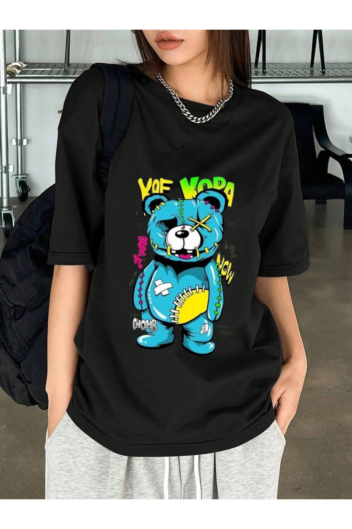 ELNOYA Unisex Pamuklu Siyah Oversize "Mavi Ayı" Baskılı Bisiklet Yaka Rahat T-shirt