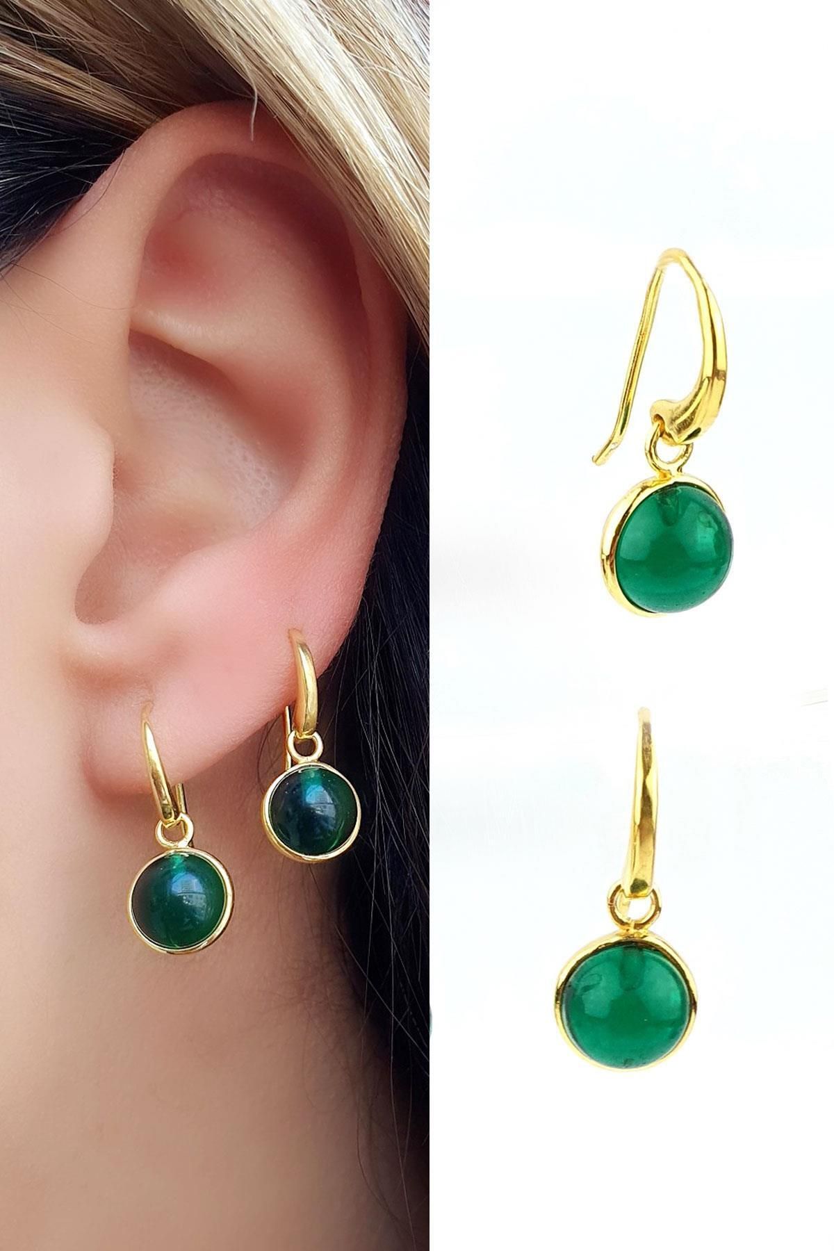 OSESHOP Kök zümrüt taşlı 925ayar gümüş üzerine altın kaplama Top Küpe