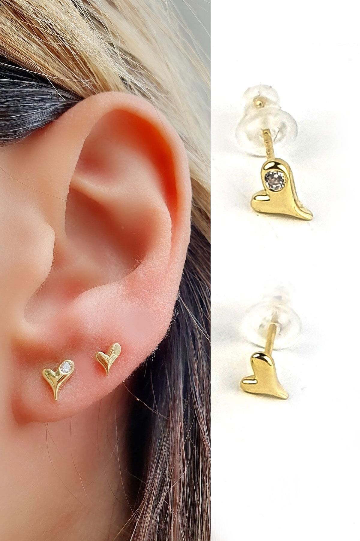 OSESHOP 925ayar Gümüş Üzerine Altın Kaplama Kalpli 2 li tek küpe kombin