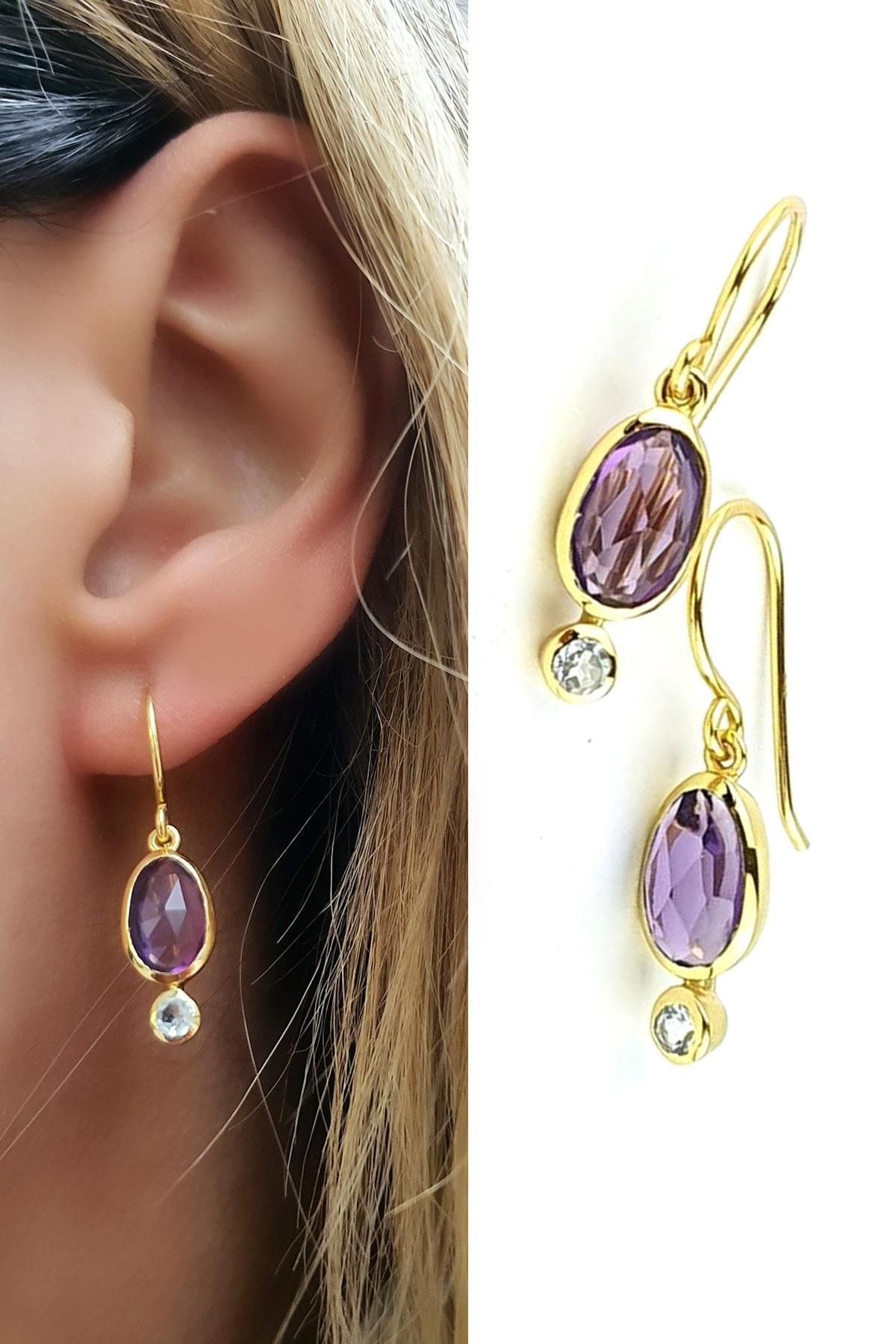 OSESHOP Ametist ve Aquamarin Taşlı 925 ayar Gümüş Üzerine Altın Kaplama Tasarım Küpe