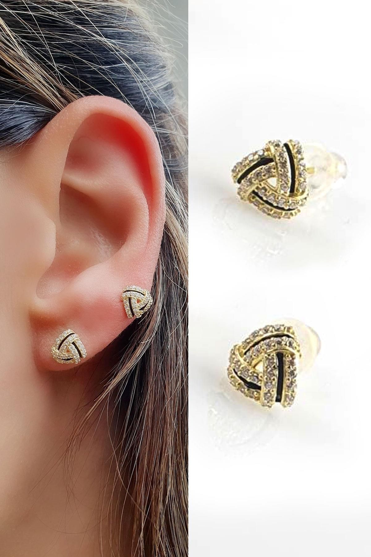 OSESHOP Pırlanta Parlaklığında Zirkon Taşlı 925ayar Gümüş Üzerine Altın Kaplama Düğüm Küpe