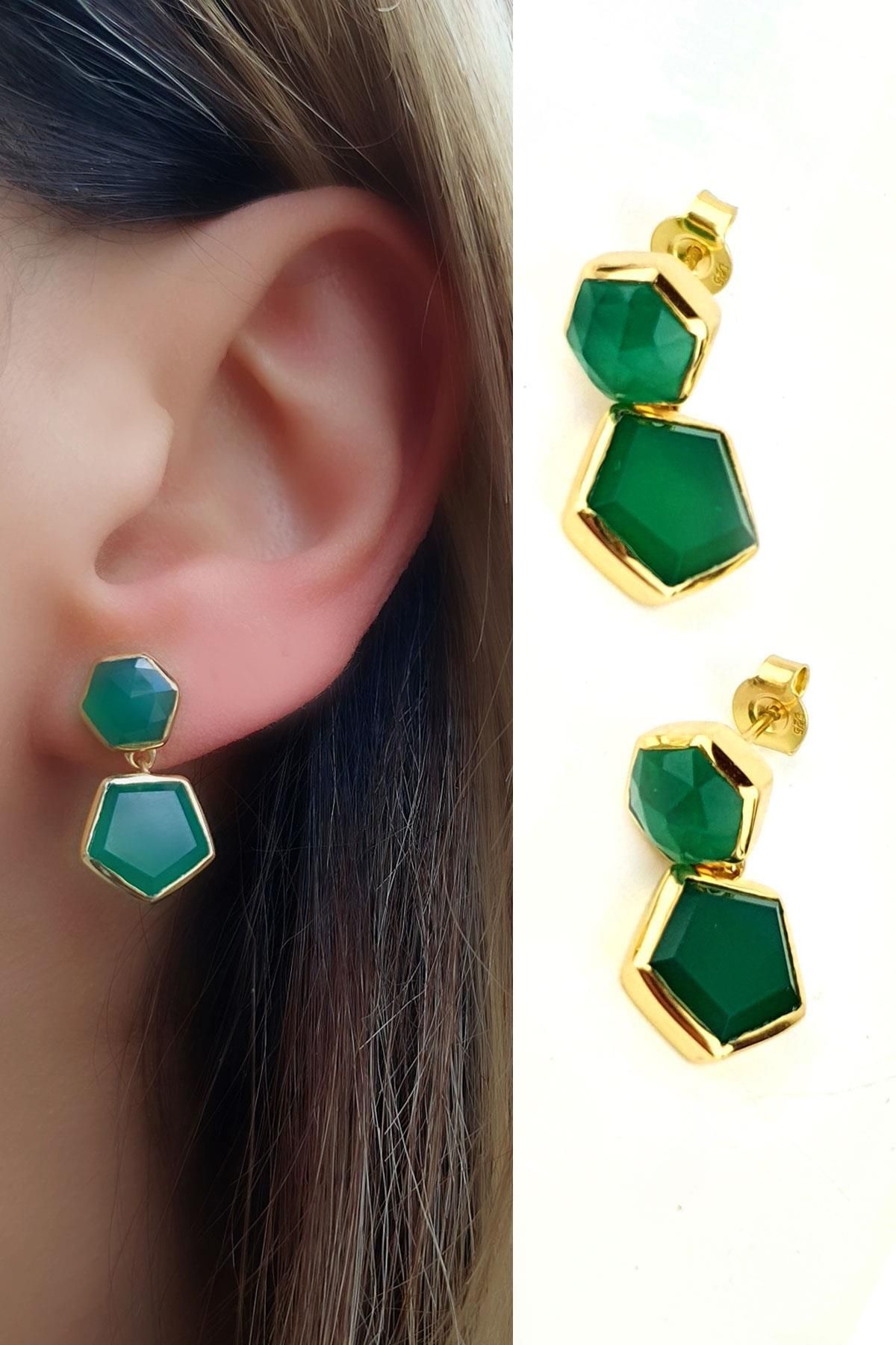 OSESHOP Kök zümrüt taşlı 925ayar gümüş üzerine altın kaplama tasarım küpe