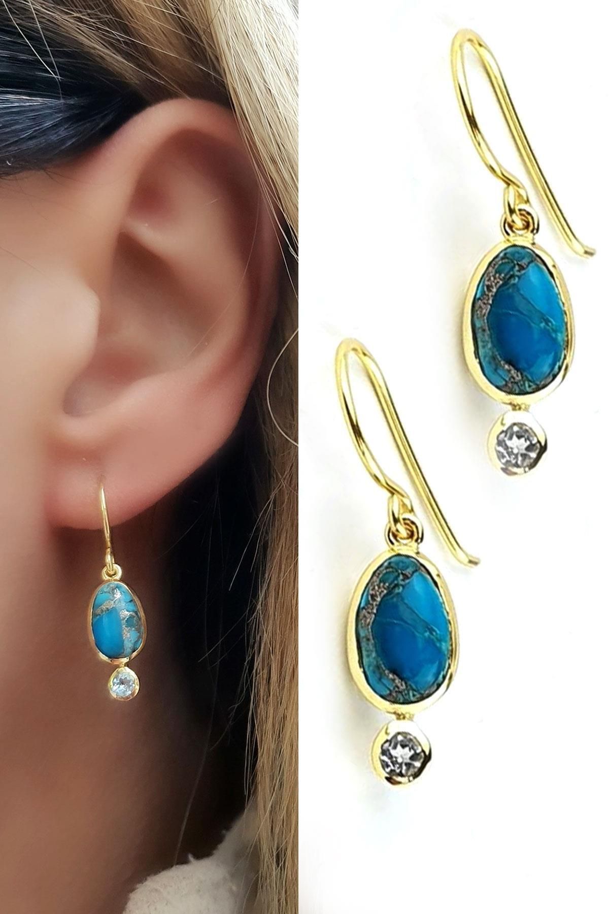 OSESHOP Turkuaz ve Aquamarin Taşlı 925ayar Gümüş Üzerine Altın Kaplama Tasarım Küpe