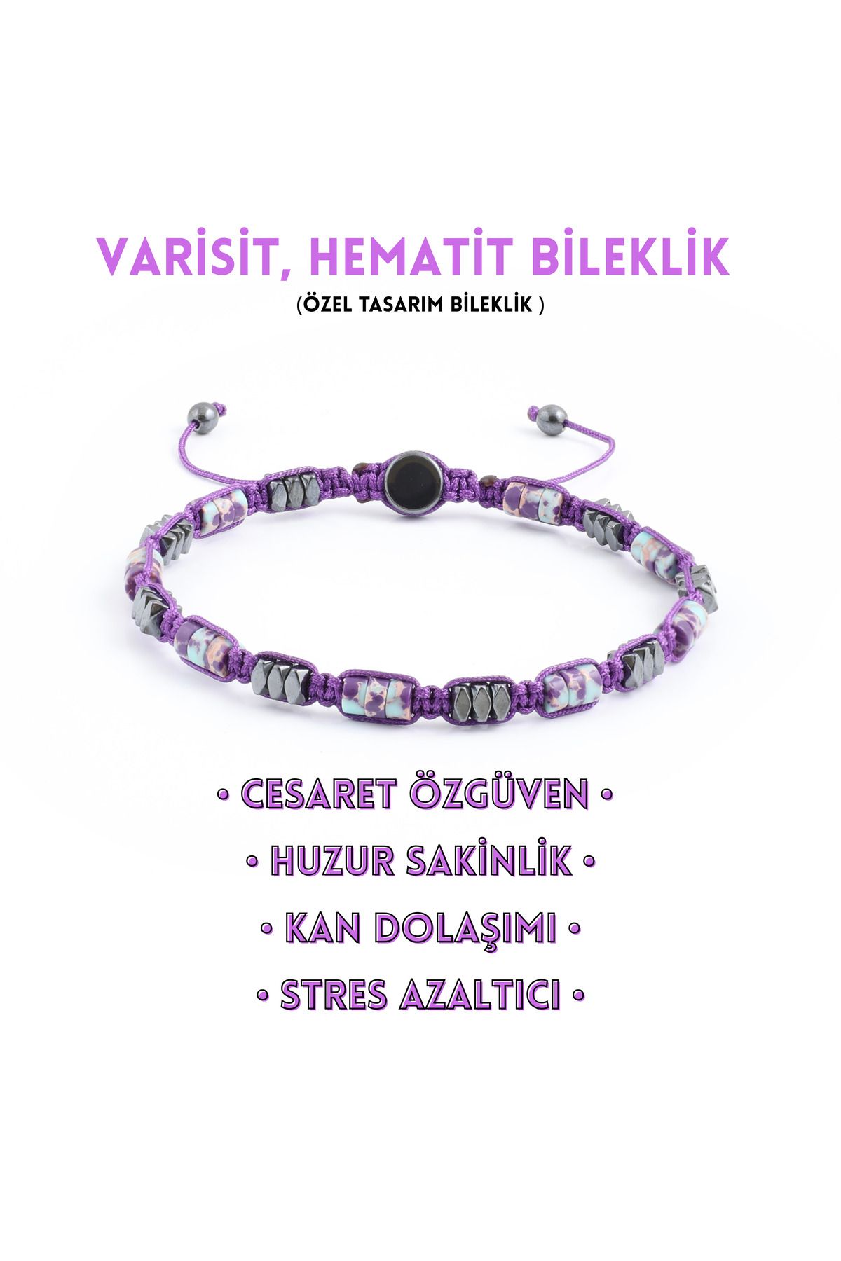 Sırlı Taş Varisit, Hematit Bileklik - Ovis Purple Bileklik - Tasarım Bileklik 4mm Ayarlanabilir