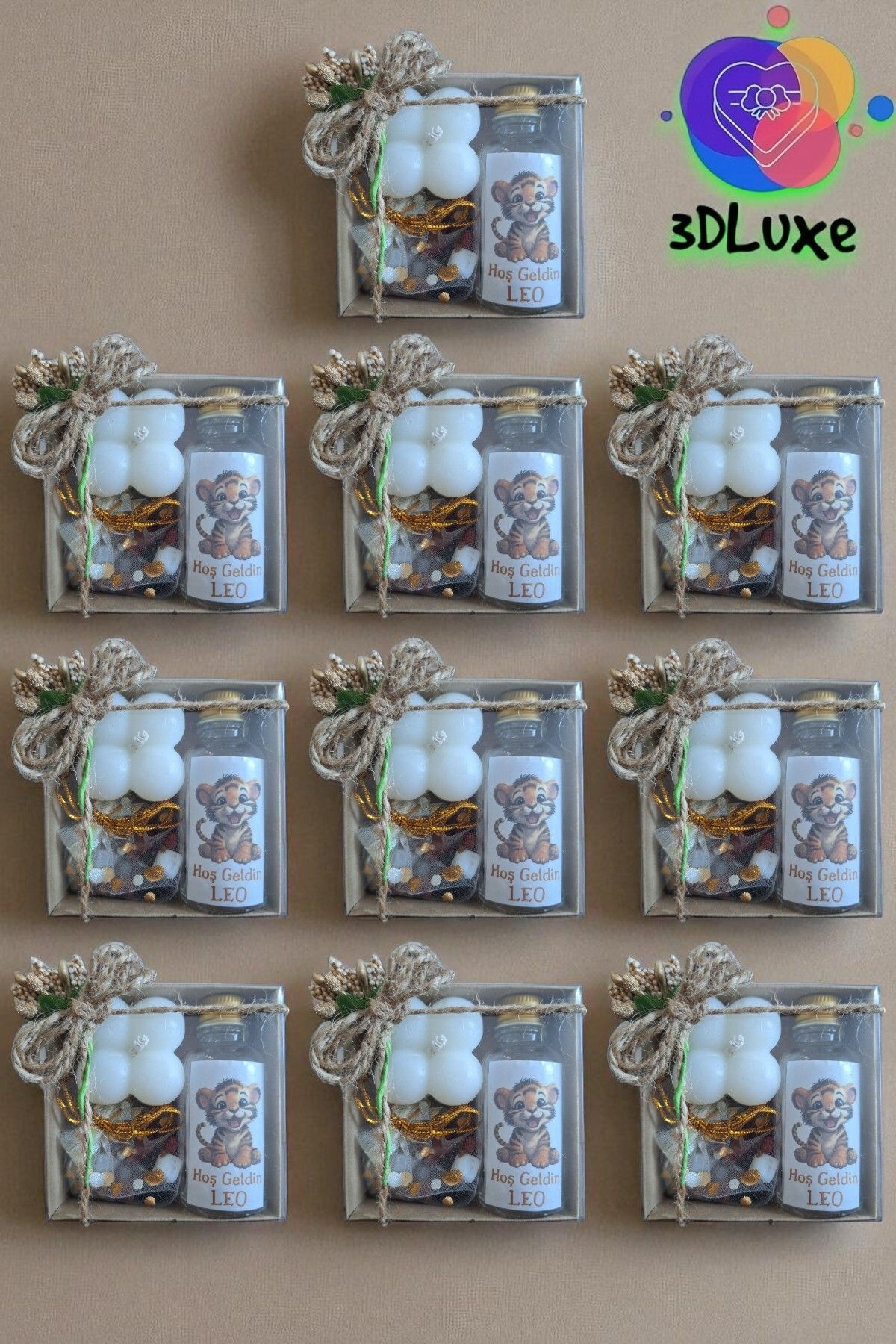 3DLuxeDekor Draje Şeker-Mum-Kolonya Hediyelik 10 ADET (Bebek, Söz, Nişan, Kına, Düğün, Mevlid)