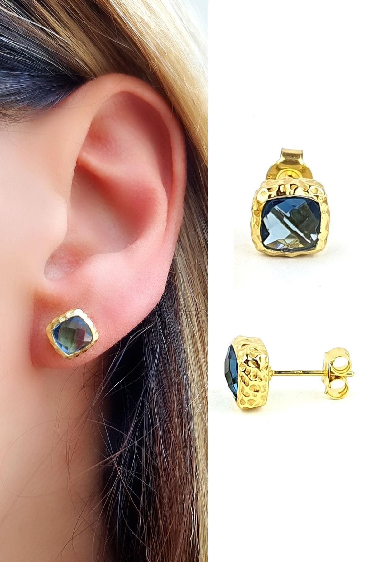 OSESHOP Aquamarin Taşlı 925ayar Gümüş Üzerine Altın Kaplama Tasarım küpe