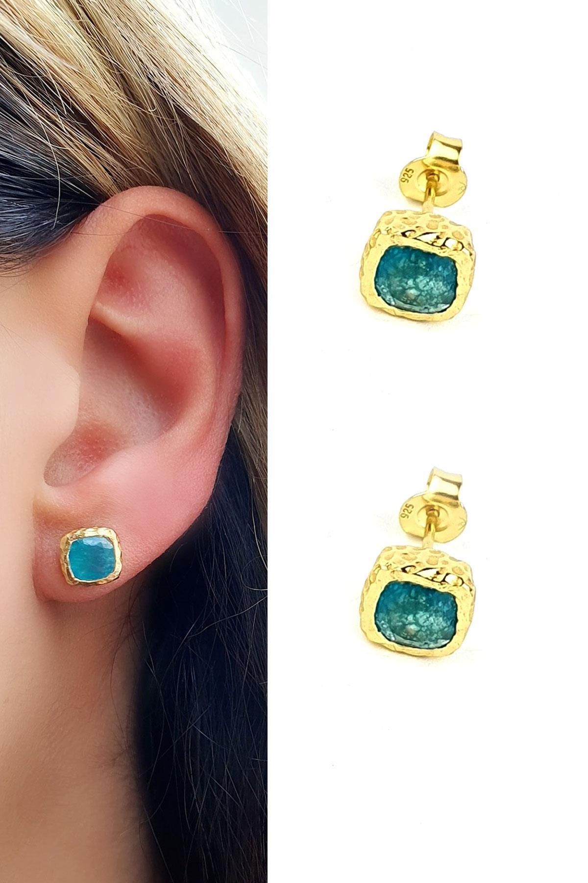 OSESHOP Aquamarin Taşlı 925ayar Gümüş Üzerine Altın Kaplama Tasarım küpe