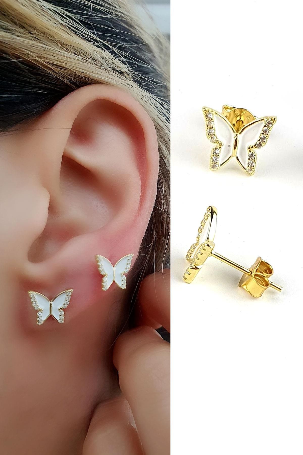 OSESHOP Zirkon Taş Detaylı Beyaz Mineli 925ayar gümüş üzerine altın kaplama Kelebek Figürlü Küpe