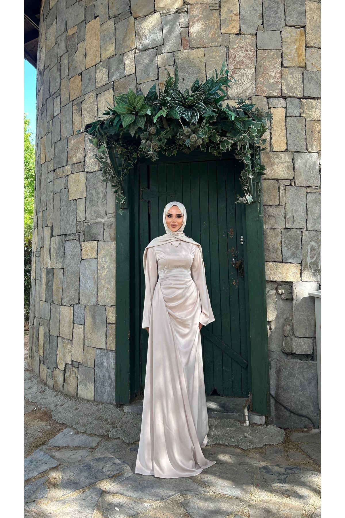 ZENKA GİYİM Zeyna İspanyol Kol Kuyruklu Saten Tesettür Abiye