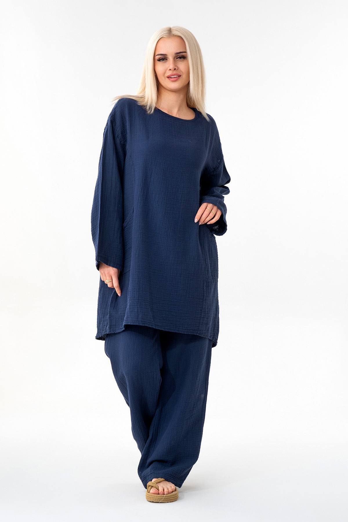 Fashion Showcase Müslin Tunik %100 Pamuk Cep Detay Salaş Müslin Elbise Tesettür Lacivert