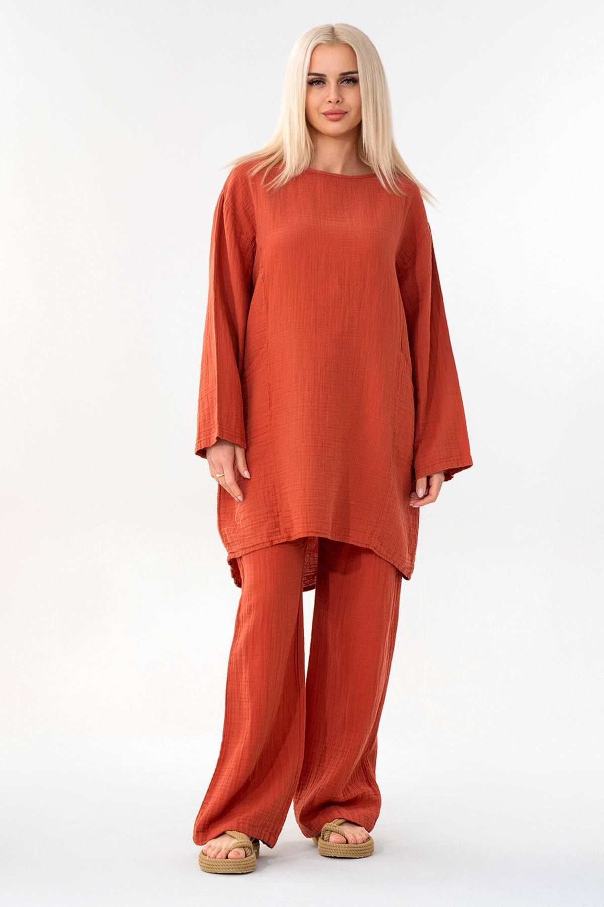 Fashion Showcase Müslin Tunik %100 Pamuk Cep Detay Salaş Müslin Elbise Tesettür Kiremit