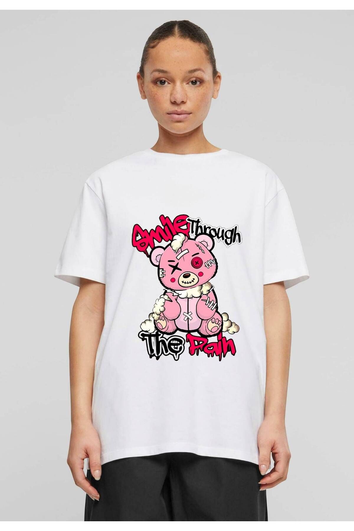 ELNOYA Unisex Beyaz Oversize "Smile Pembe Ayı" Baskılı Bisiklet Yaka Rahat T-shirt