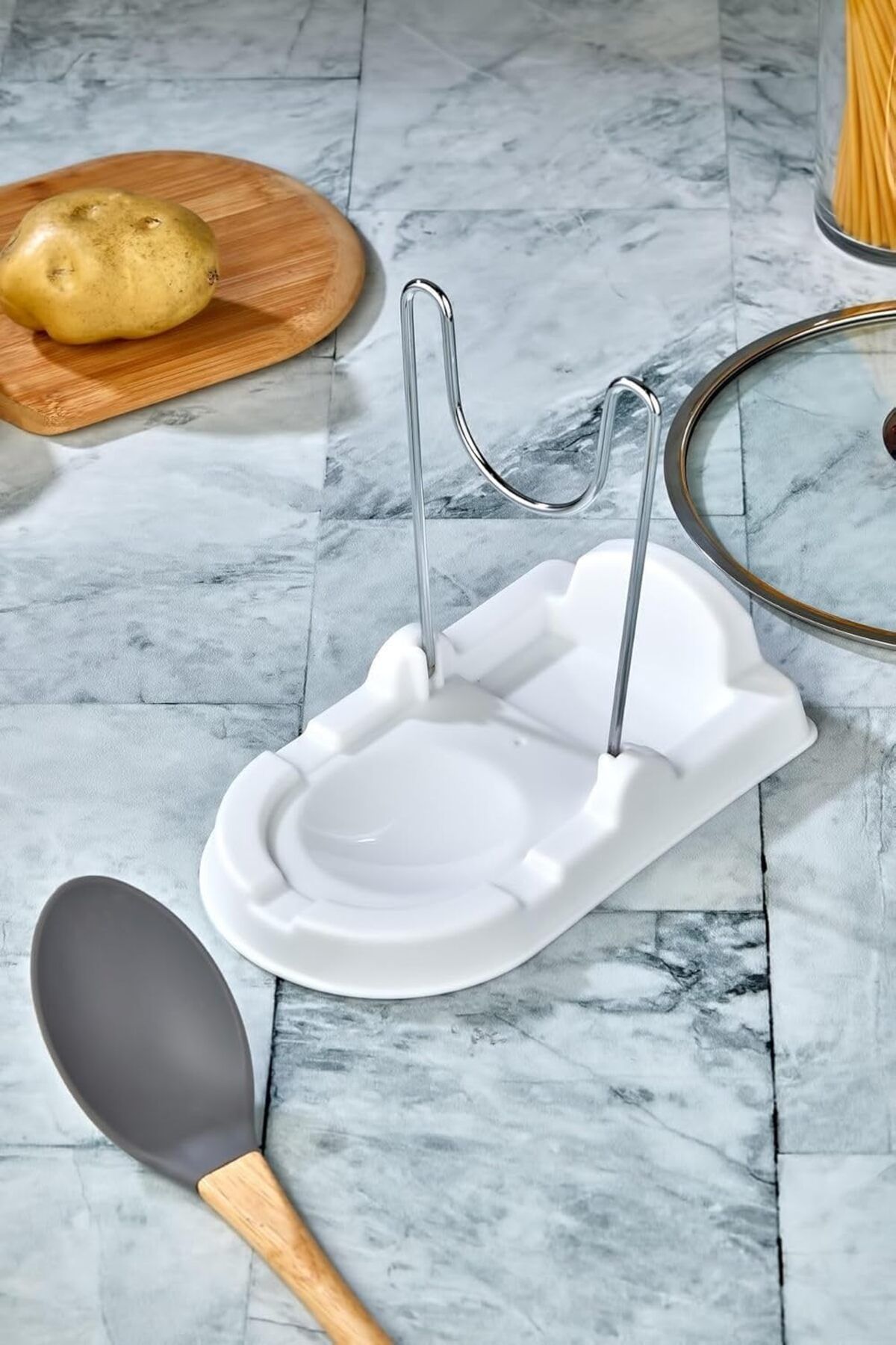 yenibagshop Katlanabilir Kepçe ve Kapak Düzenleyici Stand, Metal, Beyaz/Siyah