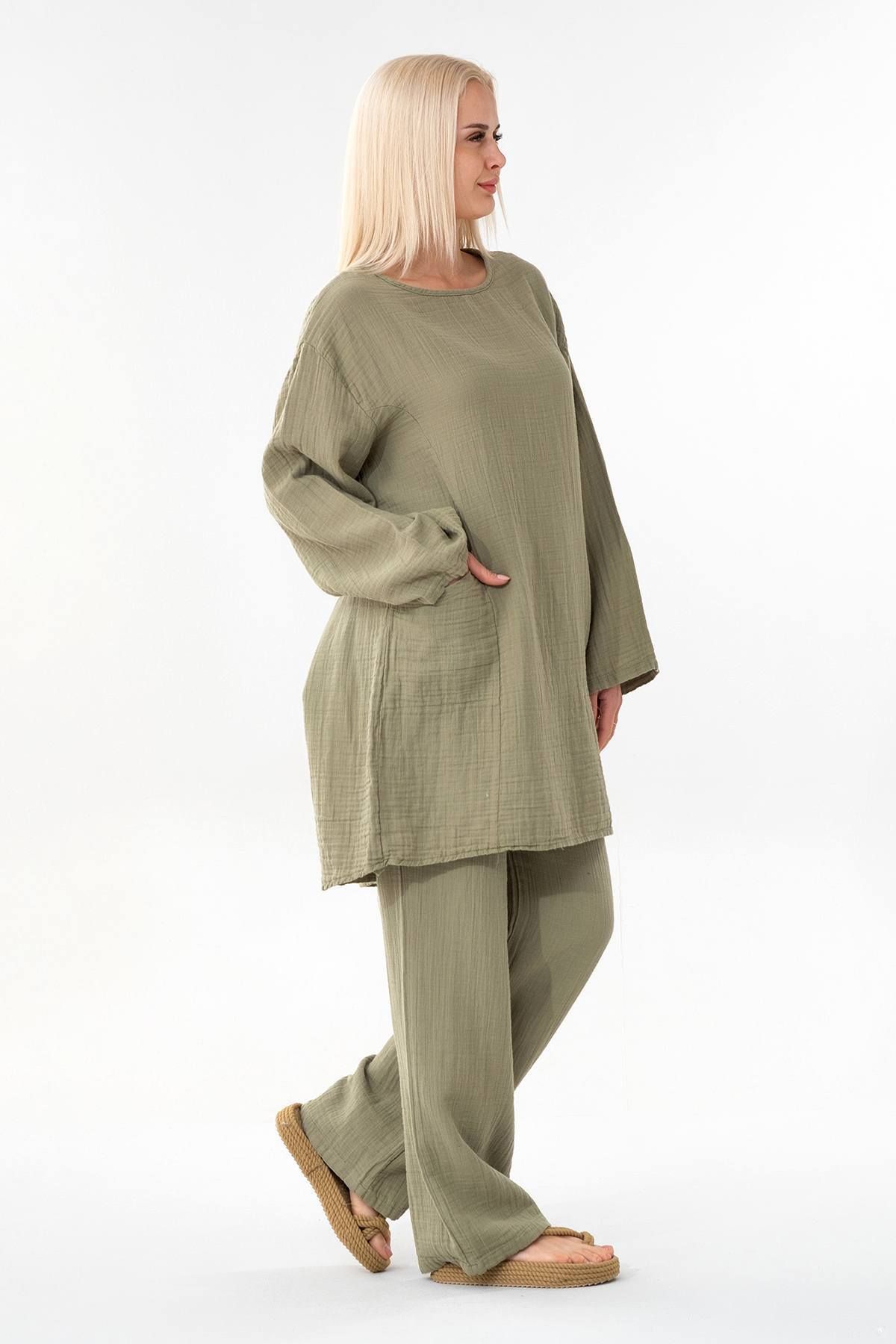 Fashion Showcase Müslin Tunik %100 Pamuk Cep Detay Salaş Müslin Elbise Tesettür Yeşil